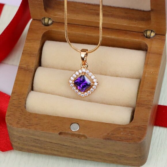 "Princess-Cut Purple Halo Pendant in Gold Plated Brass – Glam Touch, XPPT1793 - Picture 9 of 13